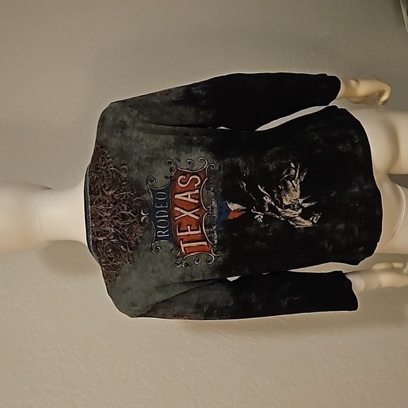 CACTUS Y2k Black Bedazzled Graphic Rodeo Texas Three Quarter Sleeve Top - Picture 6 of 8